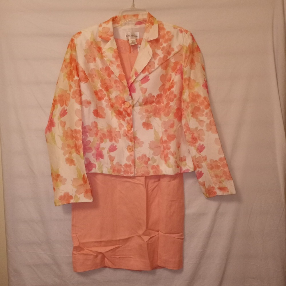 Chadwicks 2 Piece Dress Suit 10P Peach Sheath Dress Floral Blazer Linen Blend
